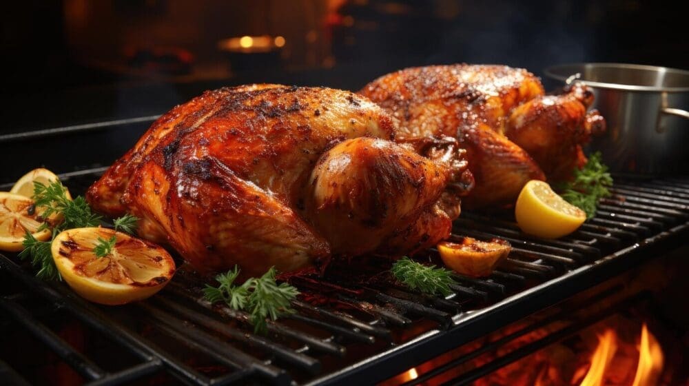 Two golden roasted chickens on a grill, surrounded by fresh lemons.