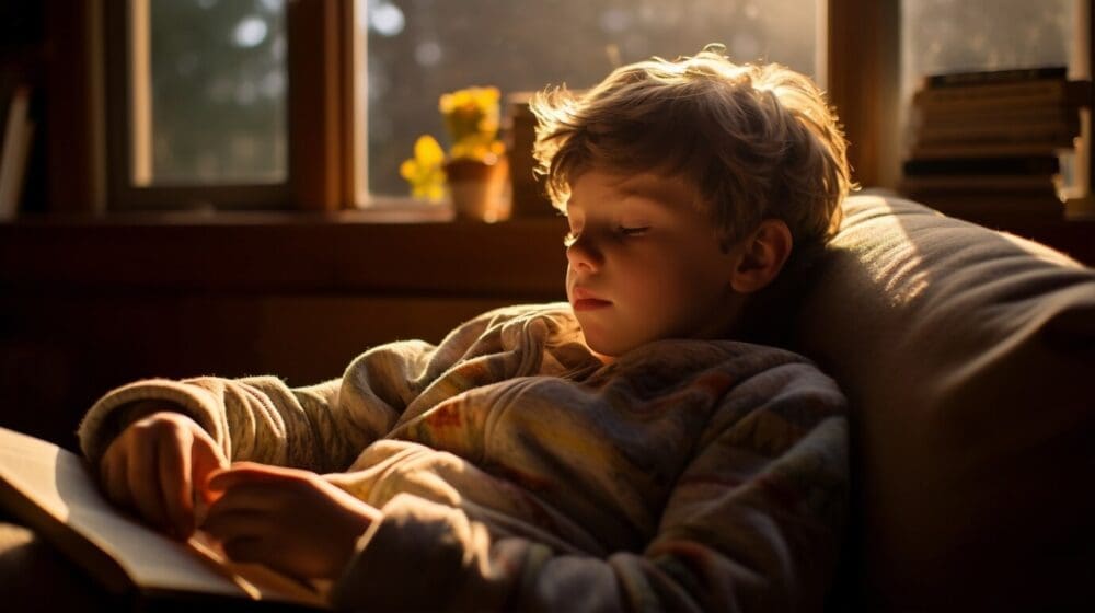 A young boy sits by a window, engrossed in reading a book.